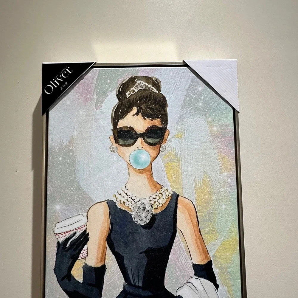 Oliver Art Audrey Hepburn Framed Canvas Wall Art Glitter Bubblegum 16x24 New